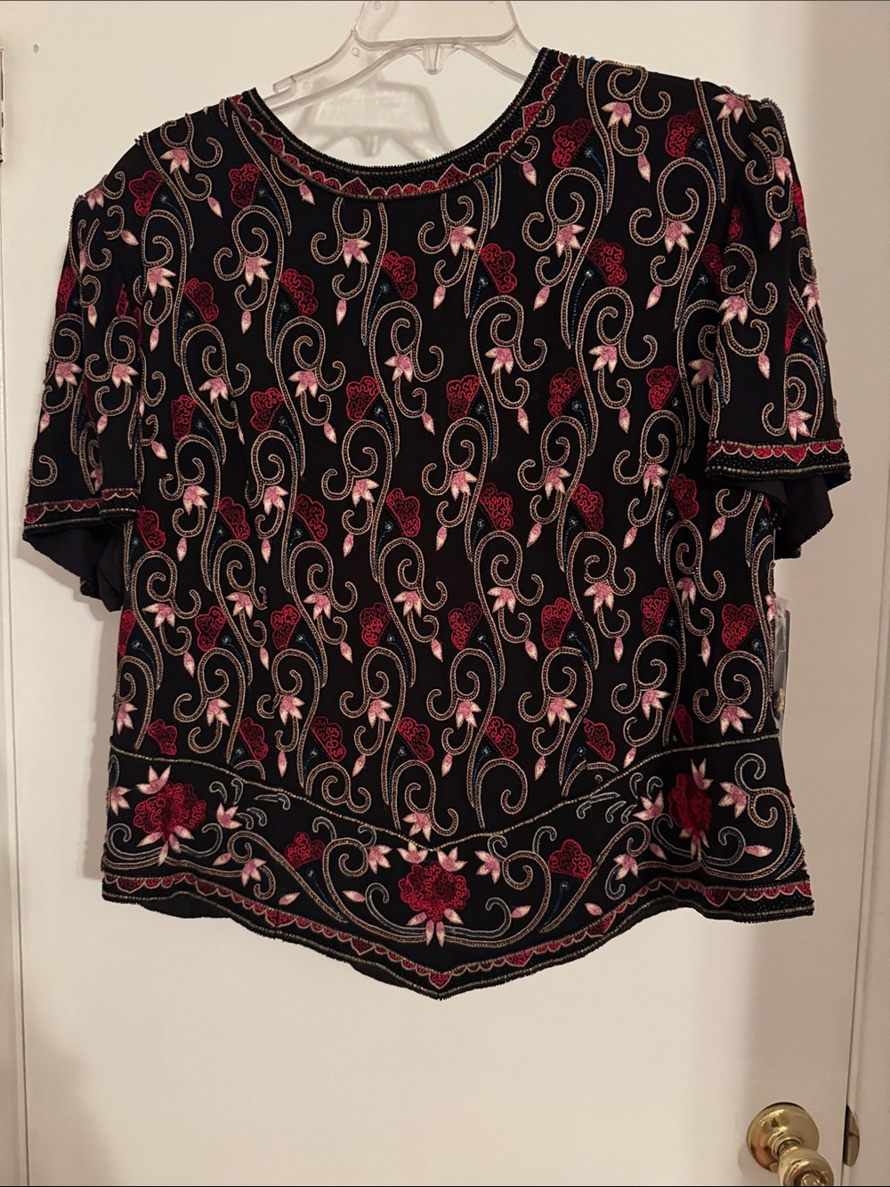 Embroidered & Beaded Black Short-Sleeve Top with Pink & Red Accents NWT Sz 2X